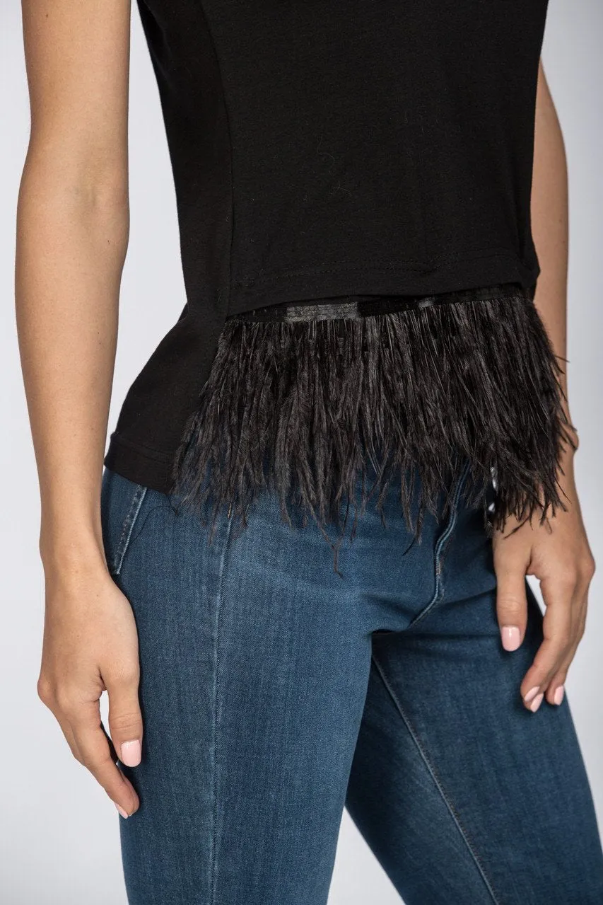 Black Feather Detail Peplum Top