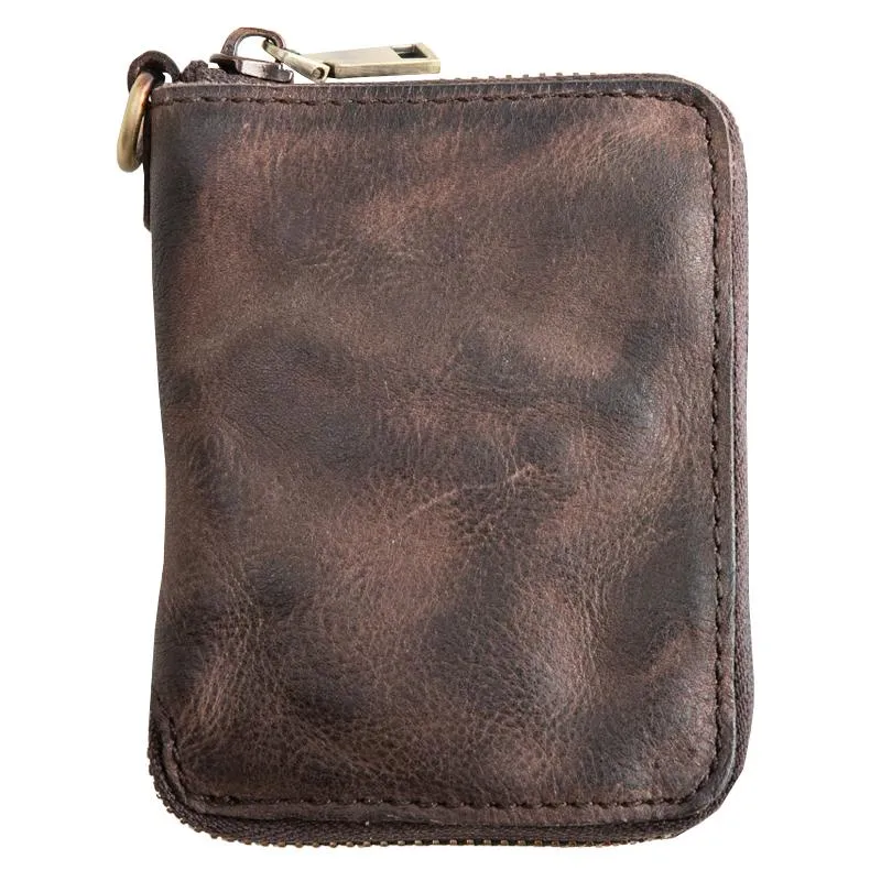 Black Leather Mens Small Card Wallet Front Pocket Wallet Brown Zipper Coin billfold Wallet For Men