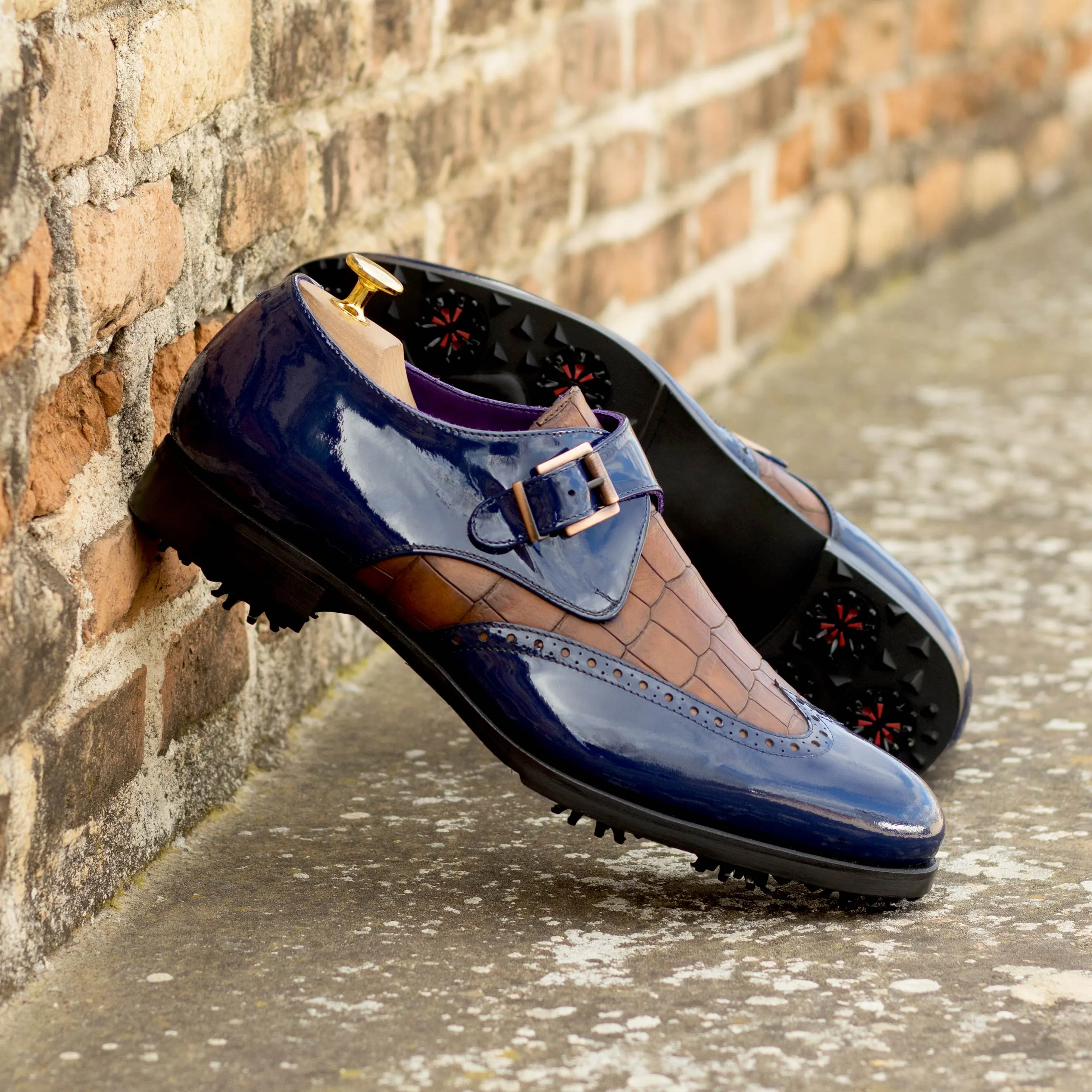 Blue Patent & Brown Croco Single Monk Golf Shoes