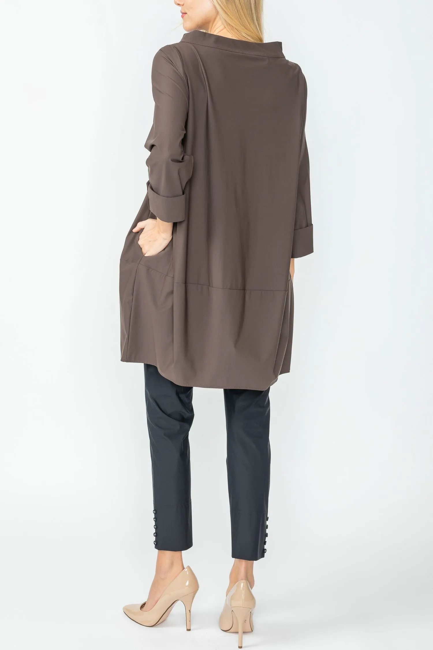 Brown Boat Neck Stand Collar Balloon Top