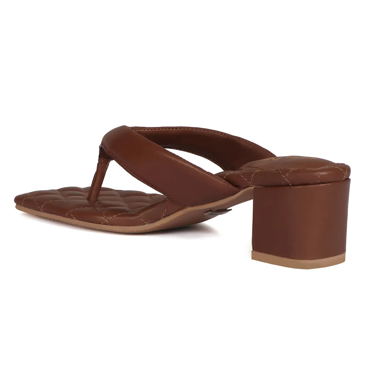 Brown V-Strap Flip Flop Diamond Stitched Blocked Heel Slider Slipper For Women By Brune & Bareskin