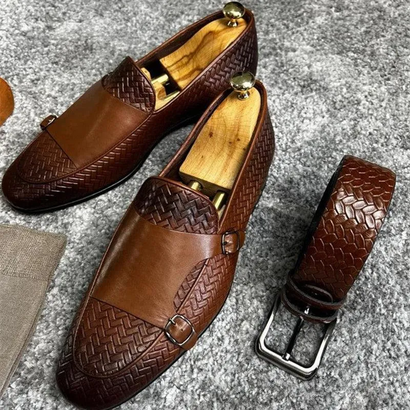 Brown Woven Monk Strap Loafers - Men Shoes