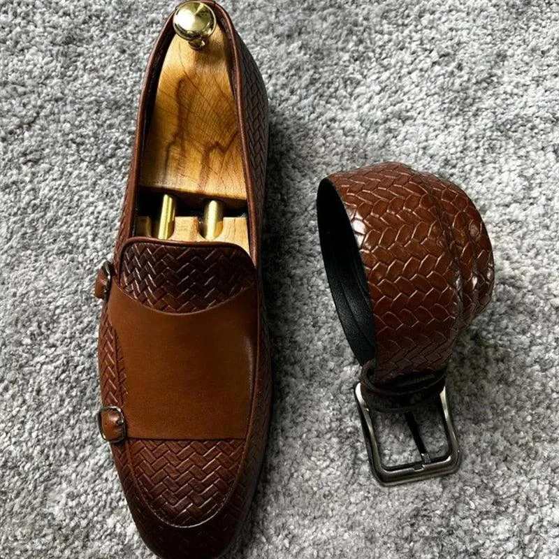 Brown Woven Monk Strap Loafers - Men Shoes