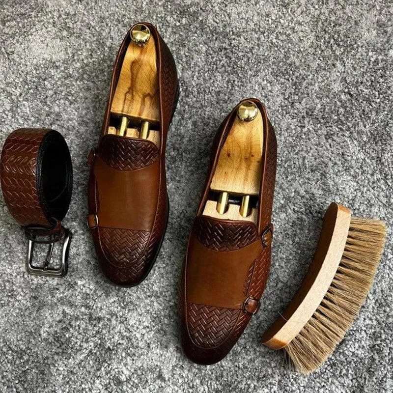 Brown Woven Monk Strap Loafers - Men Shoes