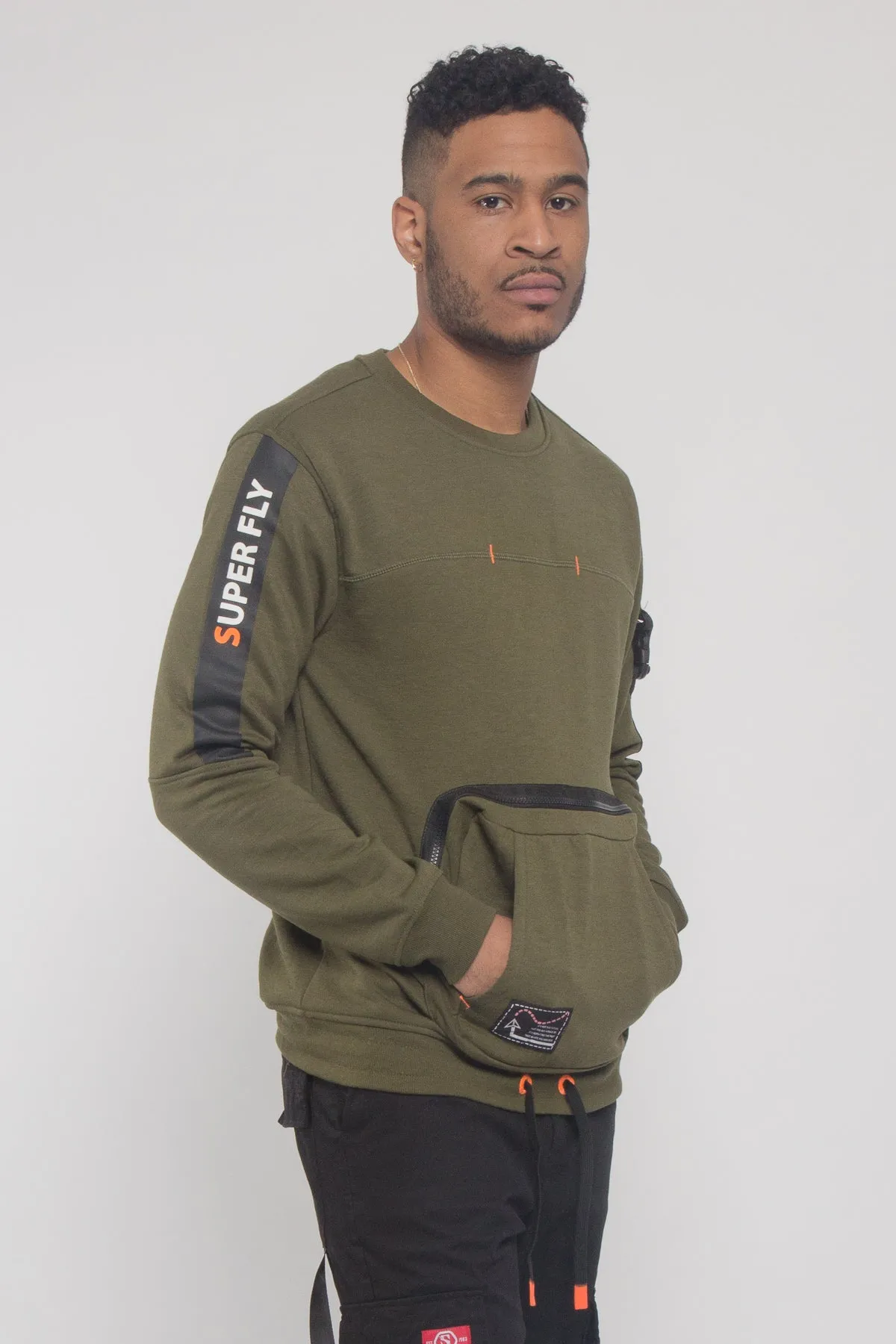 Buckled Front Pocket Pullover Crewneck