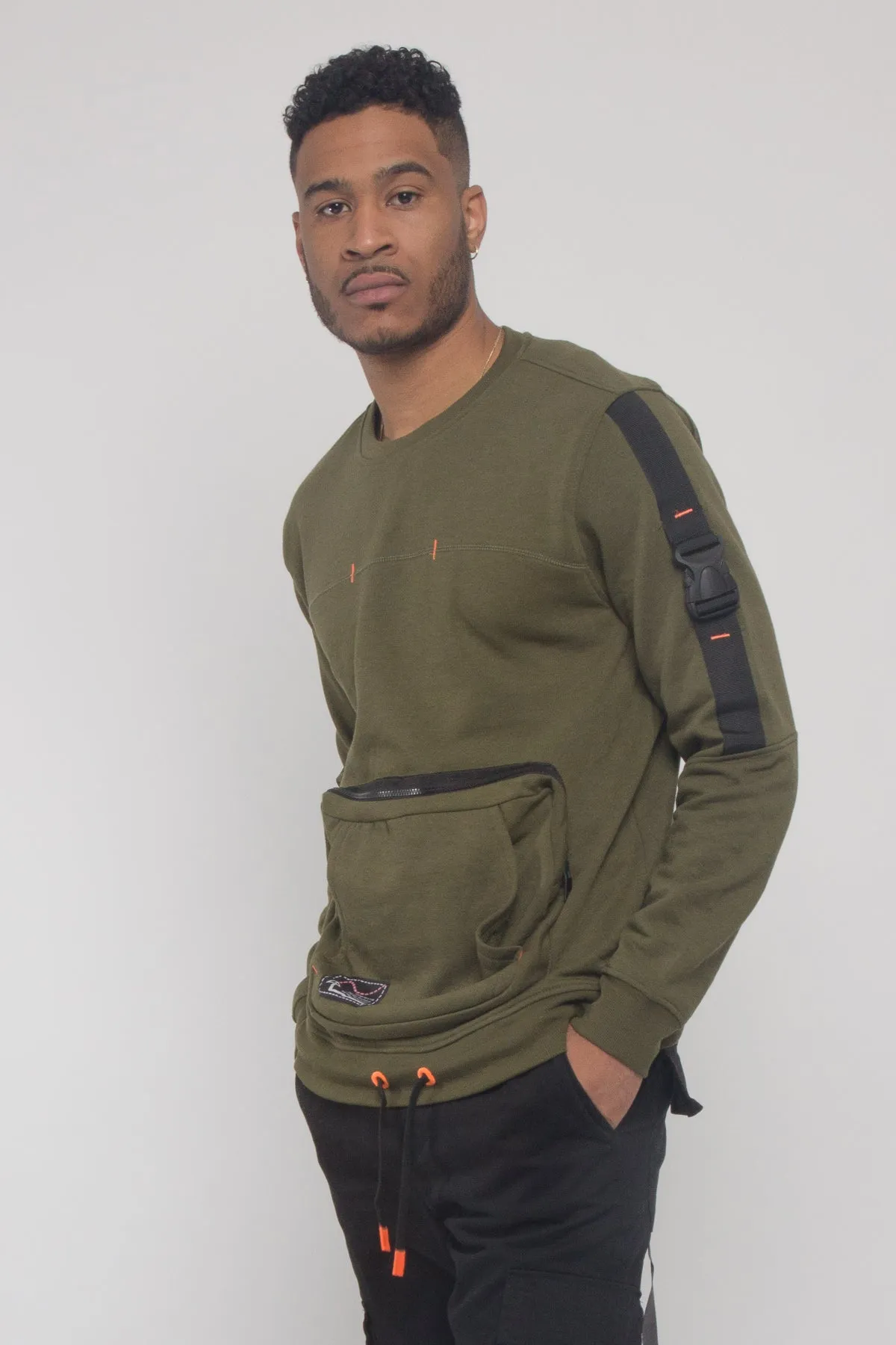 Buckled Front Pocket Pullover Crewneck