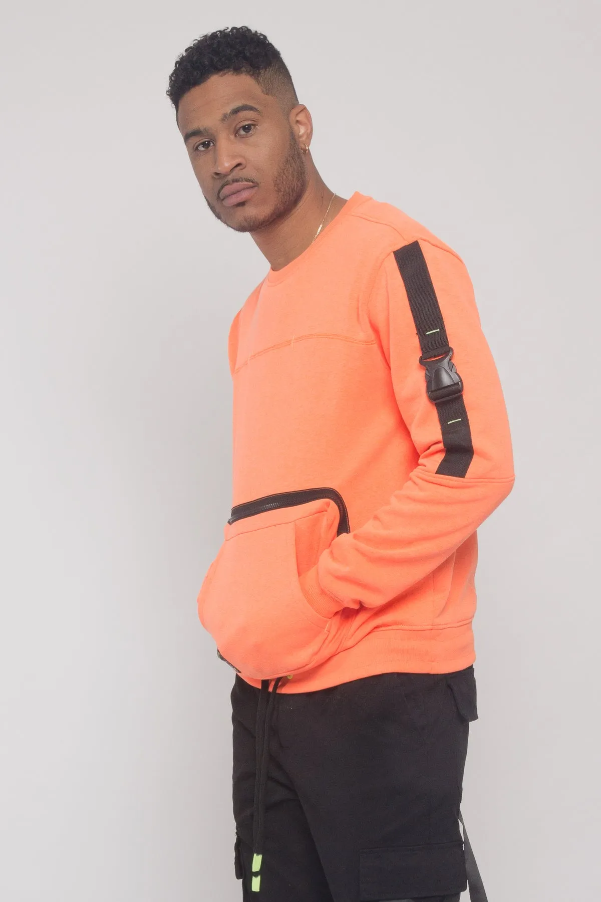 Buckled Front Pocket Pullover Crewneck