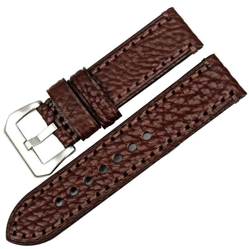 Cedric Italian Leather Stitched Watch Strap With Silver Tang Buckle