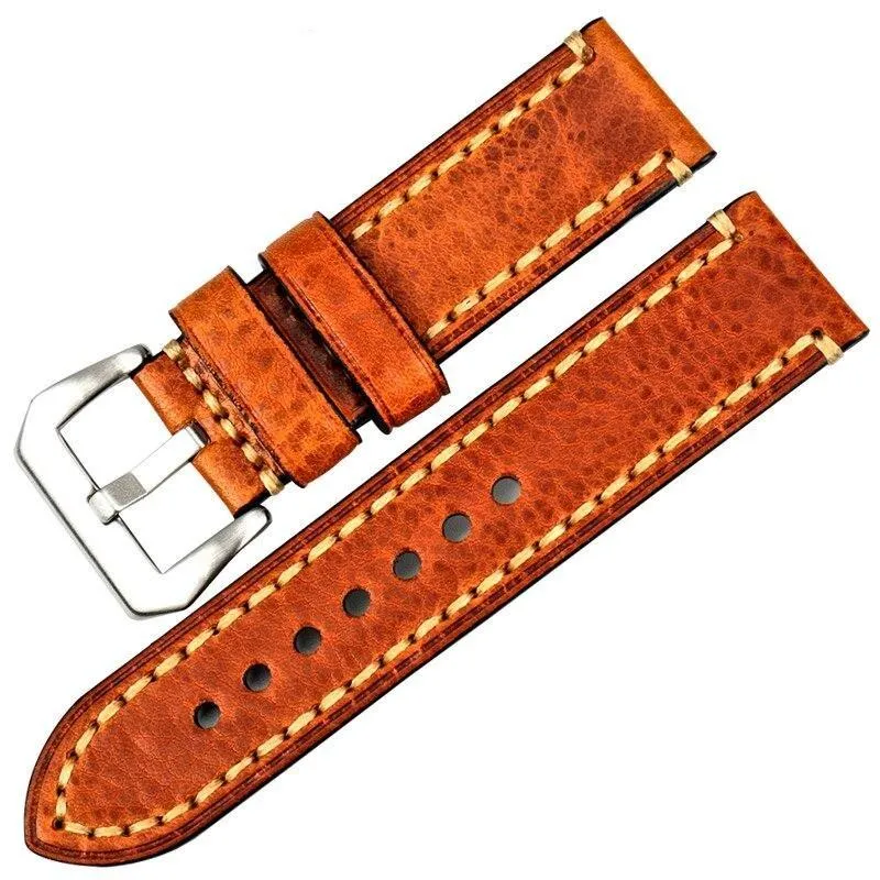 Cedric Italian Leather Stitched Watch Strap With Silver Tang Buckle