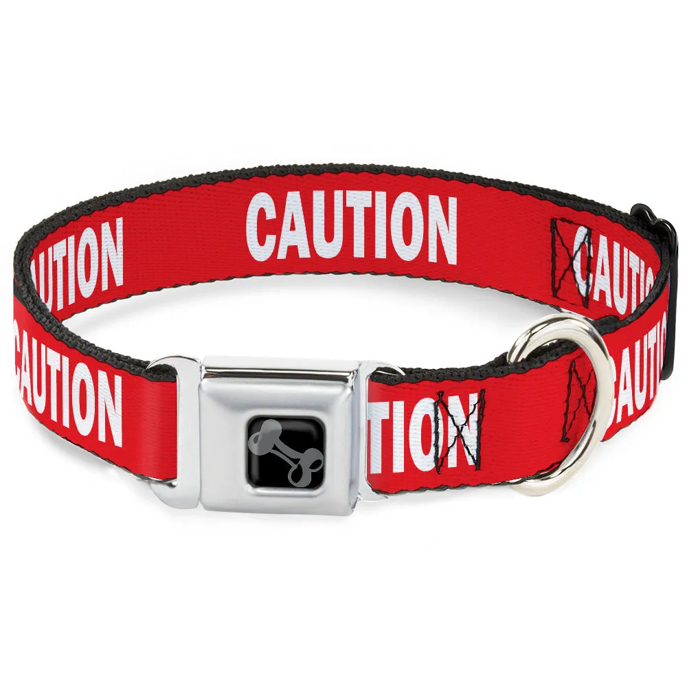 Dog Bone Black/Silver Seatbelt Buckle Collar - Pet Quote CAUTION Red/White by Buckle-Down