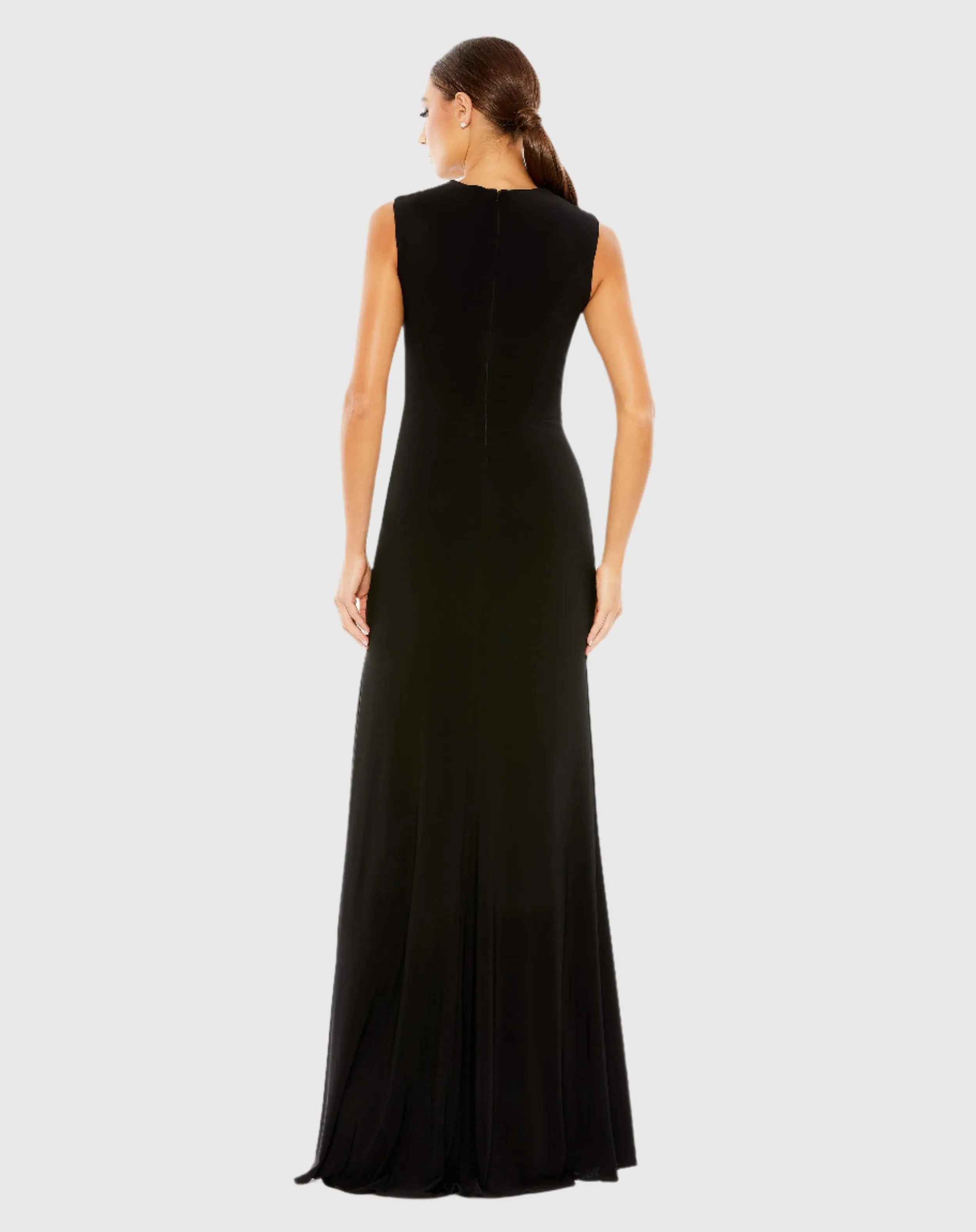 Draped Side Knot Jersey Gown w/ Rhinestone Ring