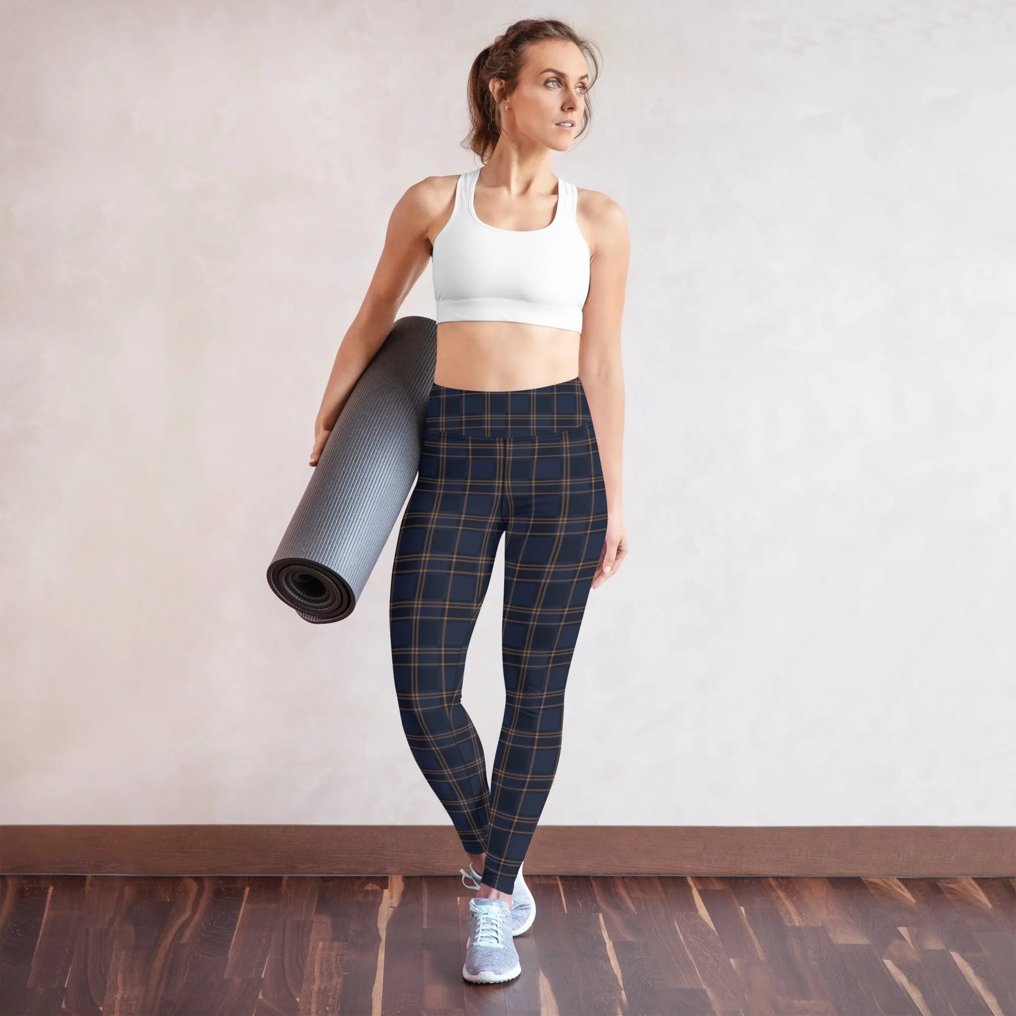 ELEVATED ESSENTIALS, BOOTY BOOSTING HIGH WAISTBAND LEGGING VINTAGE PLAID NAVY AND BLACK