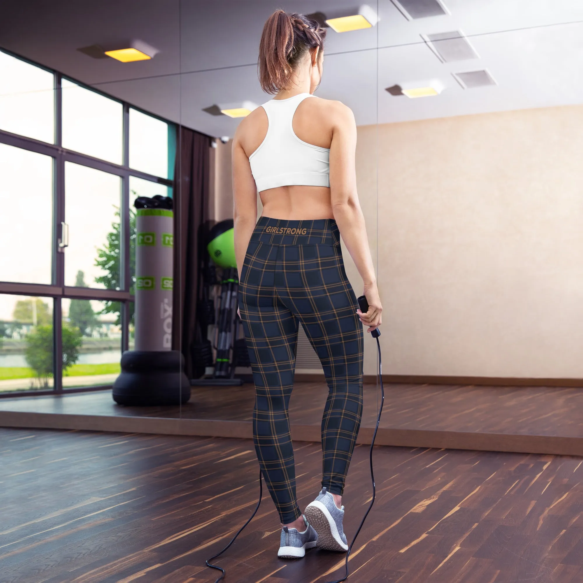 ELEVATED ESSENTIALS, BOOTY BOOSTING HIGH WAISTBAND LEGGING VINTAGE PLAID NAVY AND BLACK