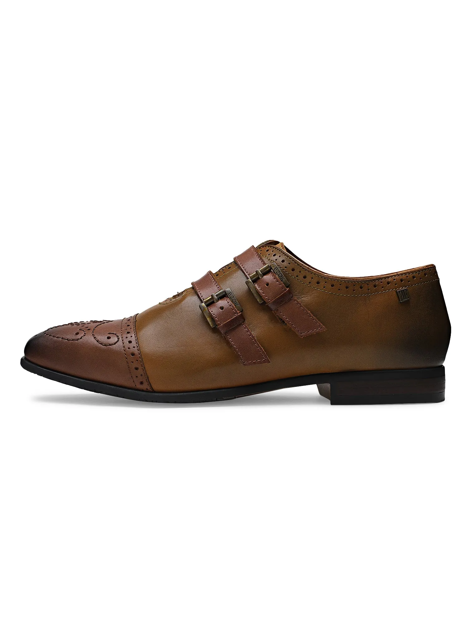 Ezok Men Tan Leather Monk Straps Shoes 2042