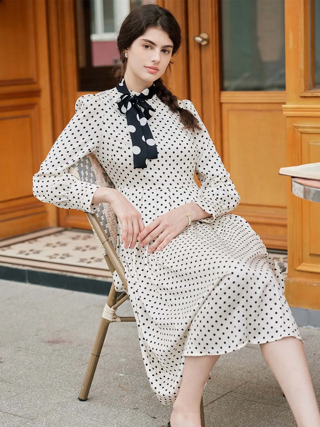 【Final Sale】Kamilah Vintage Mock Neck Balloon Sleeve Polka Dot Dress