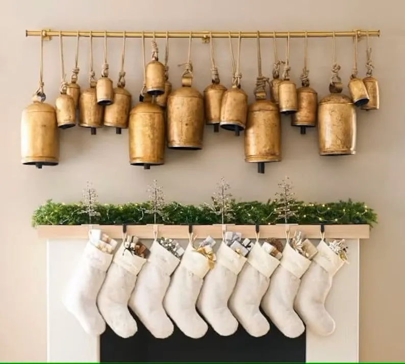 Giant Harmony Cow Bells 20 Pieces Huge Vintage Handmade Rustic Lucky Christmas Hanging Bells on Rope with Wall Hanger Stand