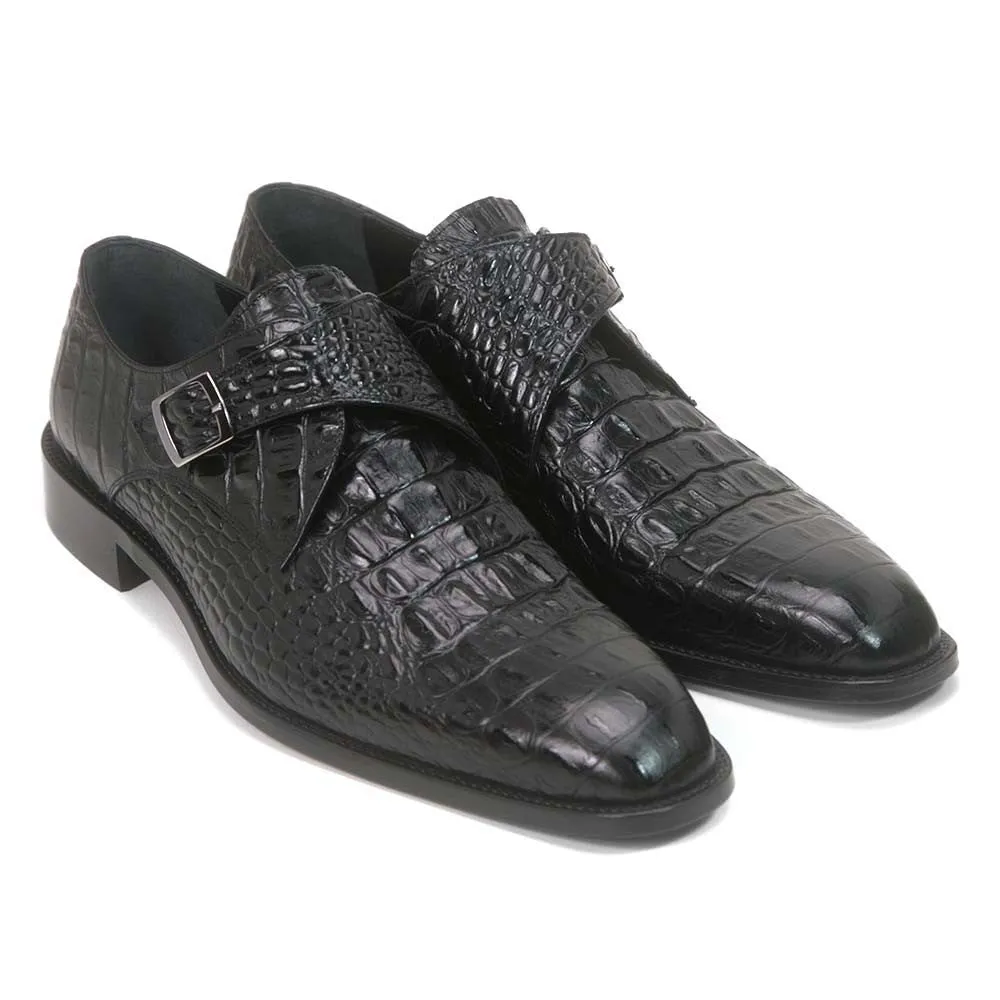 Golden Pass Crocodile Print Black Monk Buckle Leather Sole Men's Shoes