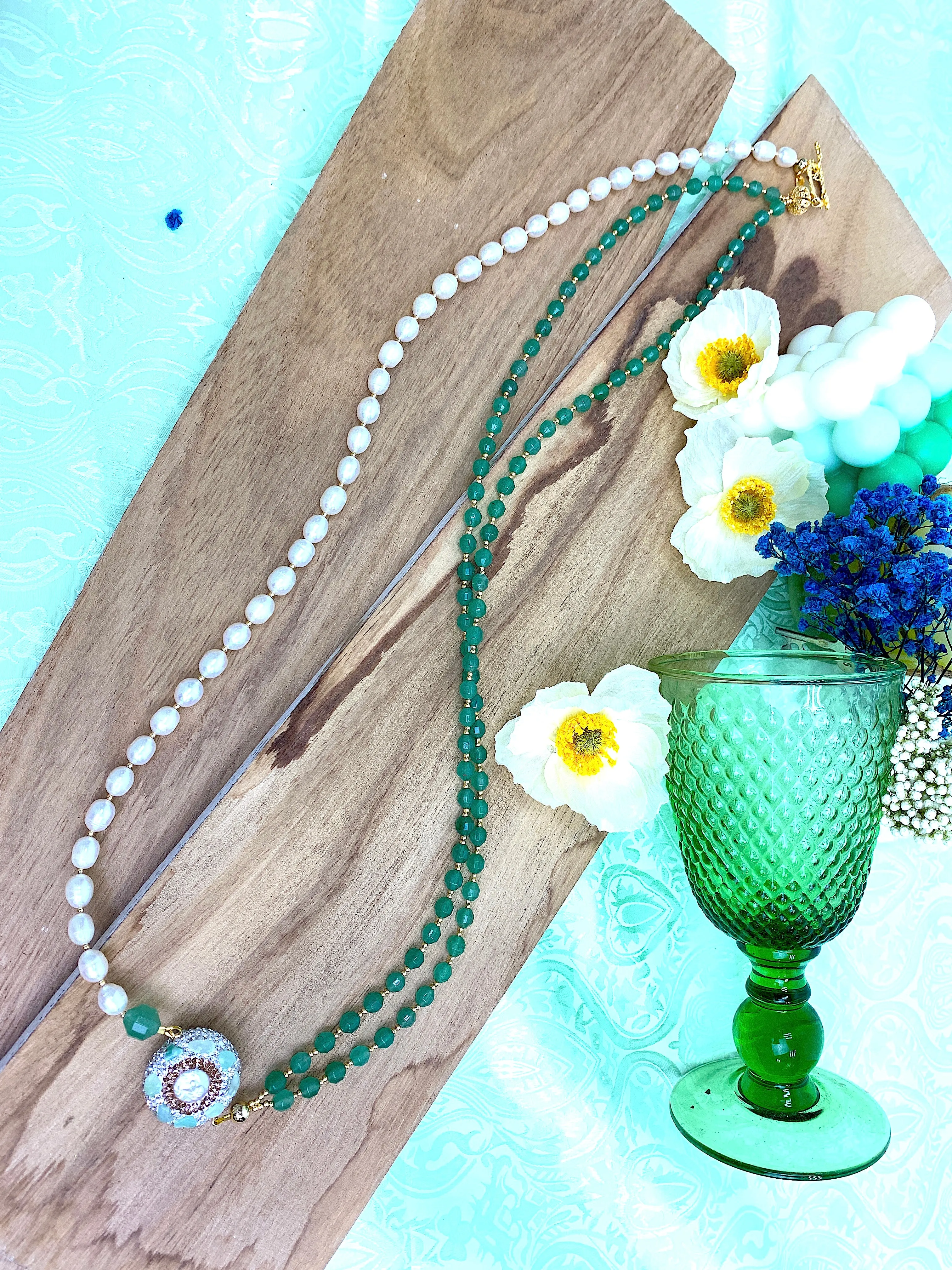 Green Aventurine And Pearls With Rhinestone Long Necklace HN016