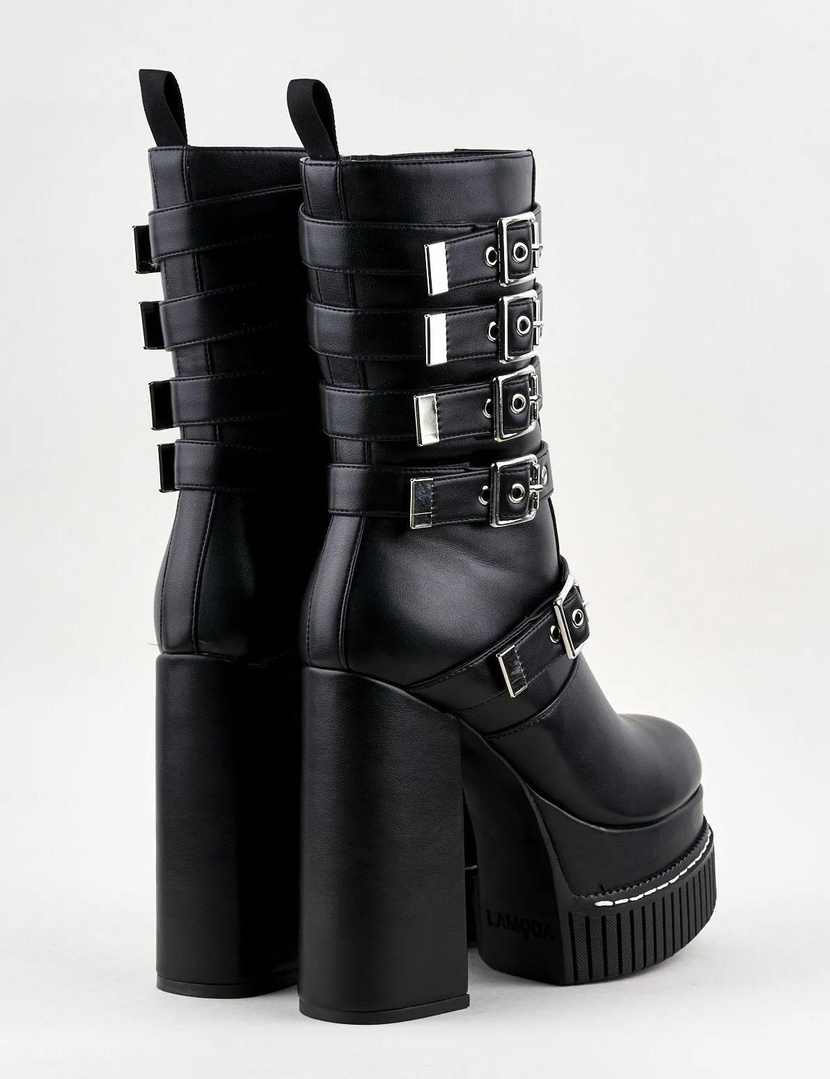 Lamoda Black Chunky Platform Buckle Heel Boots