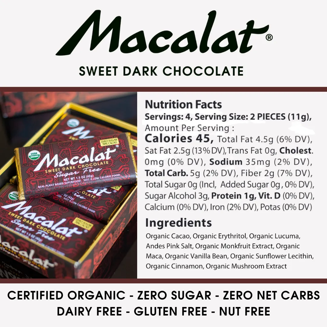 Macalat Sweet Dark Chocolate Bars-Sugar Free 12 pack