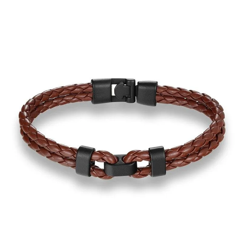 Matte Black Double Shackle Braided Leather Bracelet