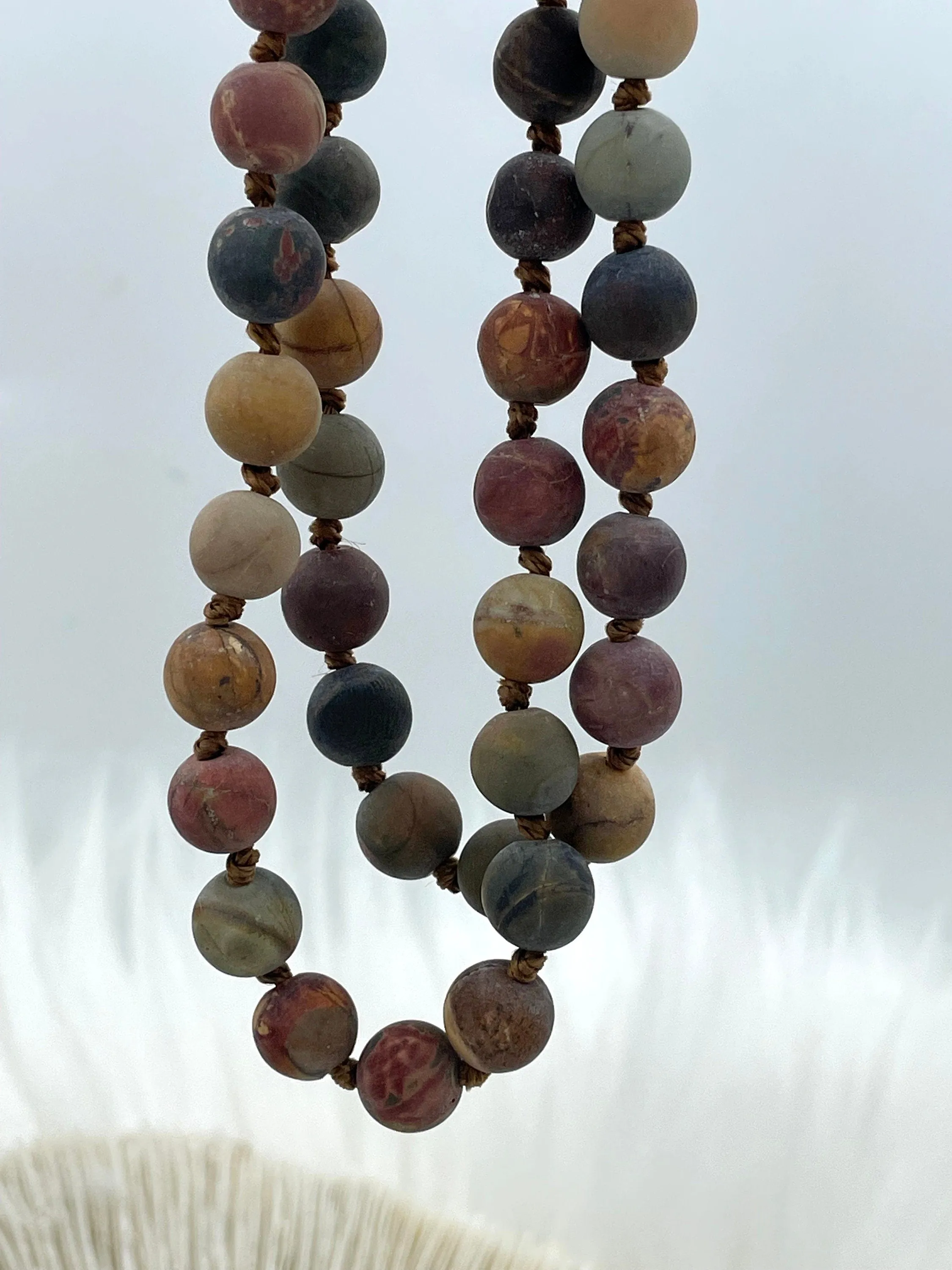 Matte RED CREEK JASPER  Hand Knotted Gemstone Necklace, 36" Natural Stone, 8mm Round matte with brown thread.Fast ship