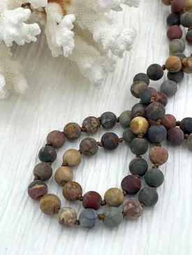 Matte RED CREEK JASPER  Hand Knotted Gemstone Necklace, 36" Natural Stone, 8mm Round matte with brown thread.Fast ship