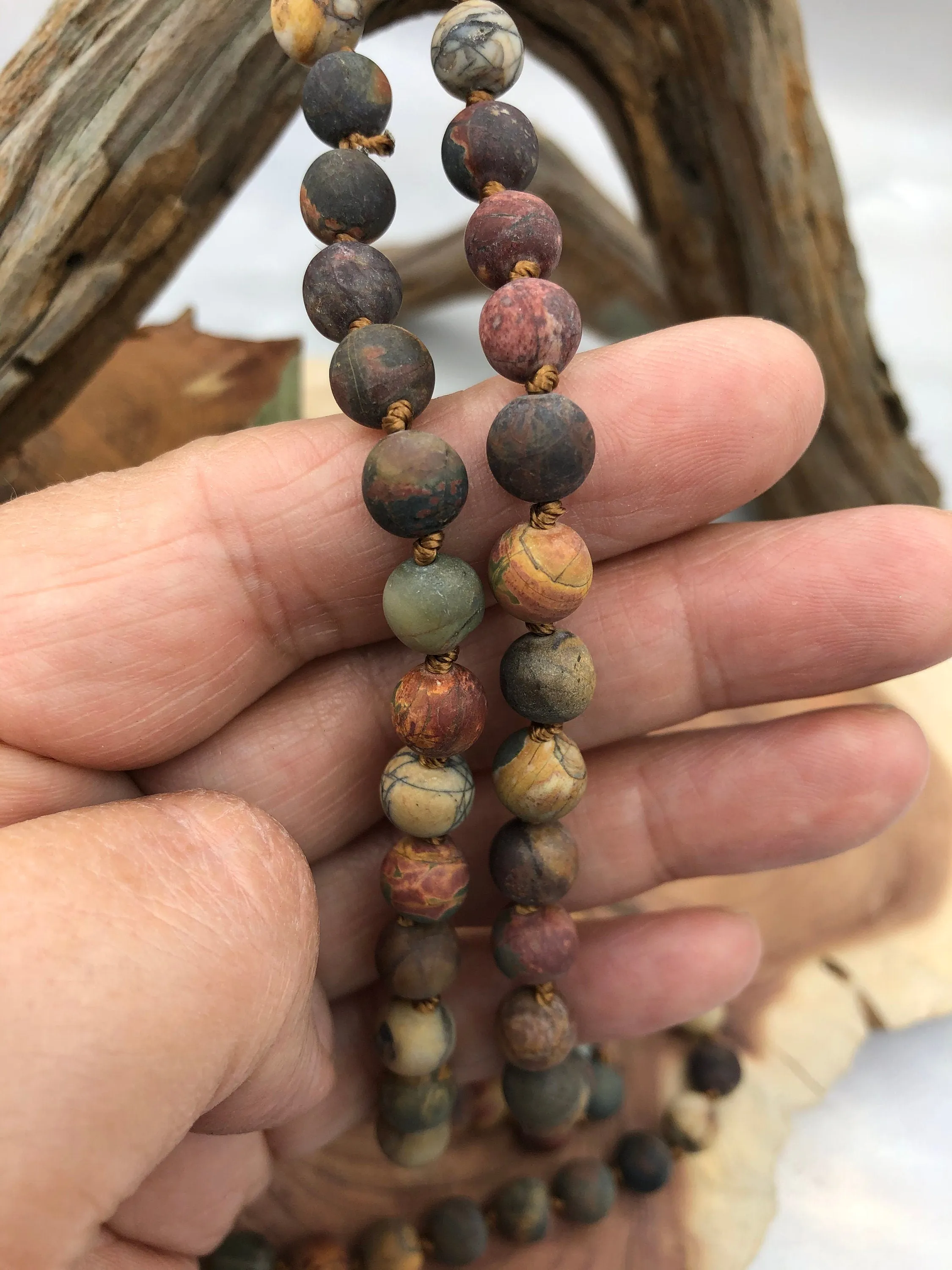 Matte RED CREEK JASPER  Hand Knotted Gemstone Necklace, 36" Natural Stone, 8mm Round matte with brown thread.Fast ship