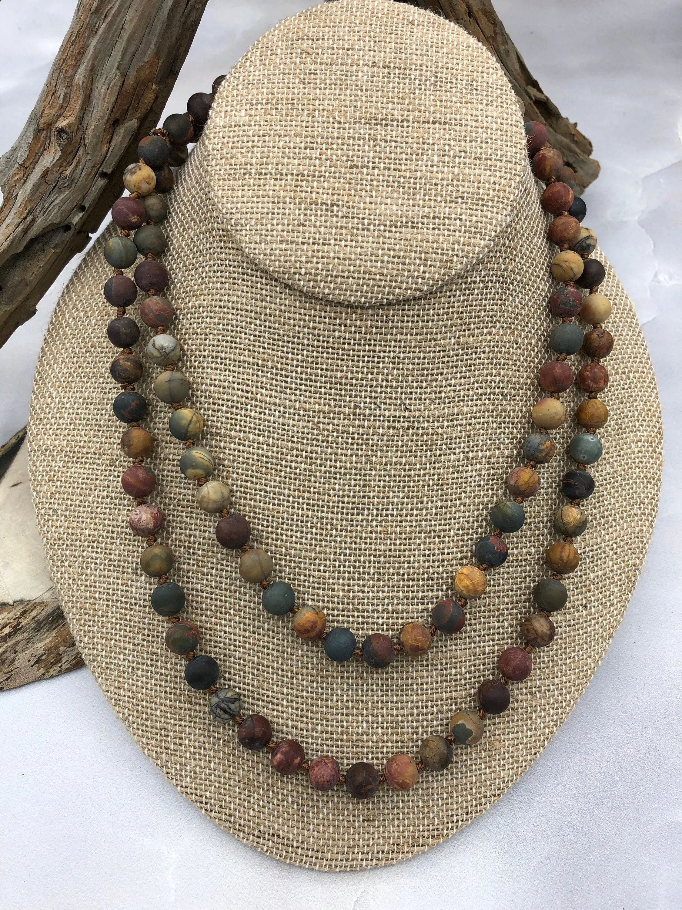 Matte RED CREEK JASPER  Hand Knotted Gemstone Necklace, 36" Natural Stone, 8mm Round matte with brown thread.Fast ship