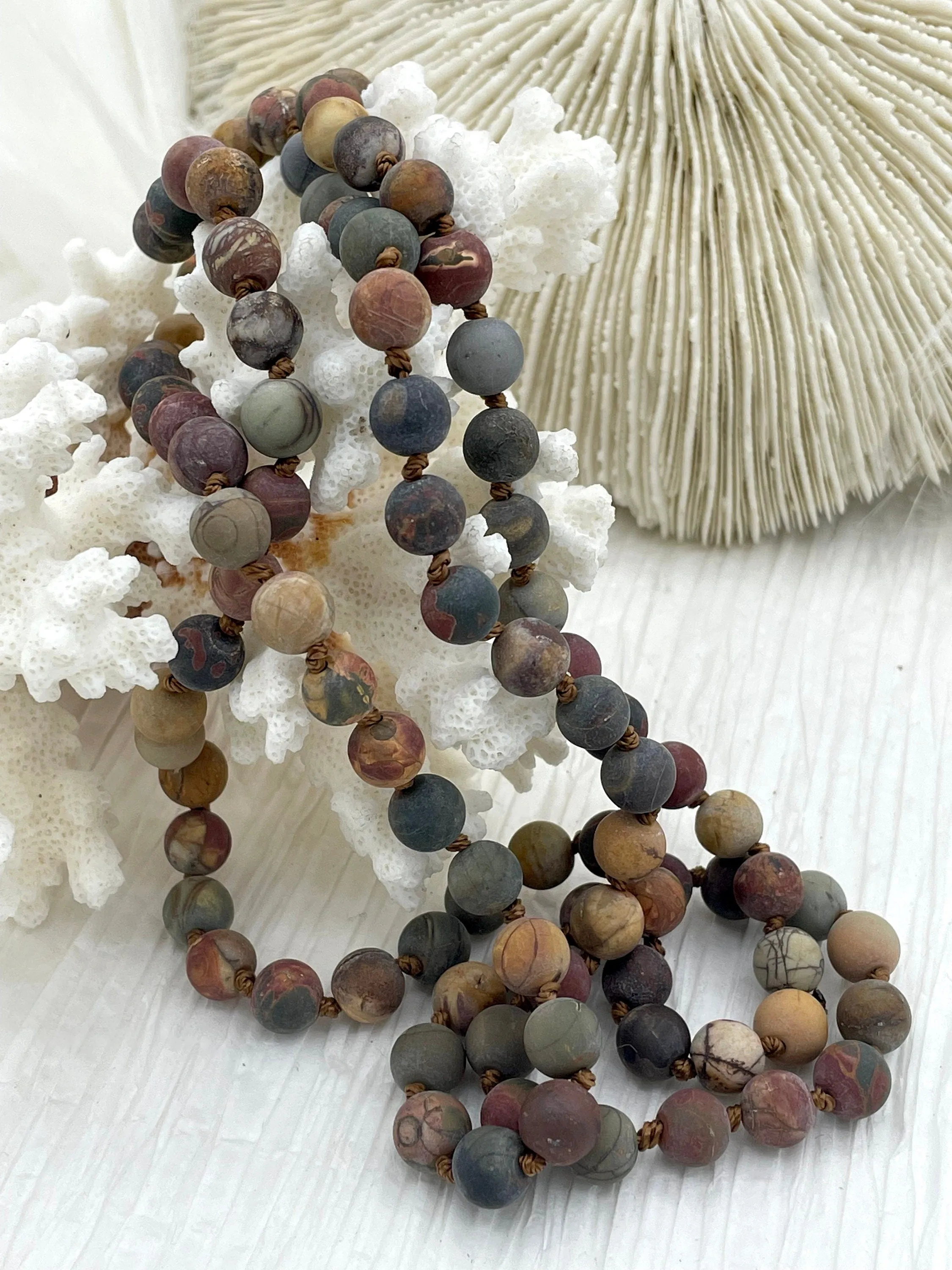 Matte RED CREEK JASPER  Hand Knotted Gemstone Necklace, 36" Natural Stone, 8mm Round matte with brown thread.Fast ship