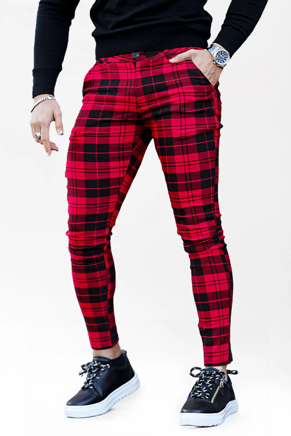 Mens Red And Black Plaid Skinny Pant