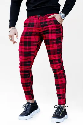 Mens Red And Black Plaid Skinny Pant