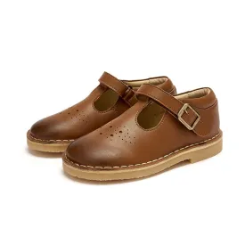 Childrens Vegan T-Bar Shoe in Chestnut Brown Faux Leather