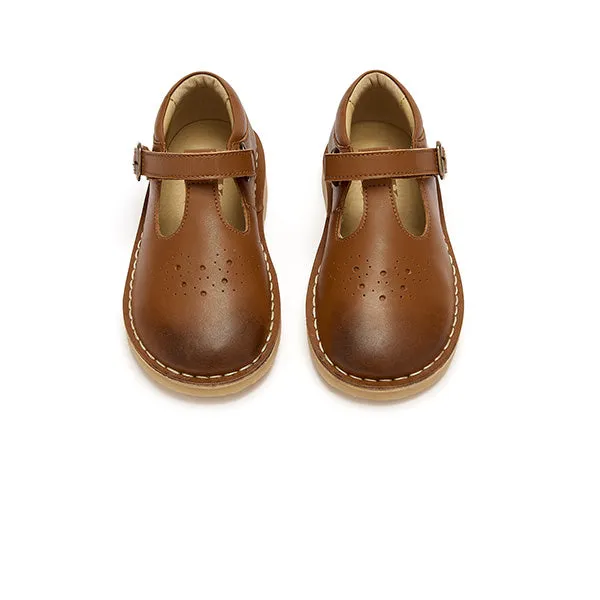 Childrens Vegan T-Bar Shoe in Chestnut Brown Faux Leather