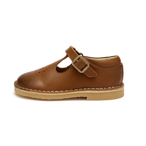 Childrens Vegan T-Bar Shoe in Chestnut Brown Faux Leather