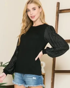 Pleated Sleeves Crew Neck Sweater Tee