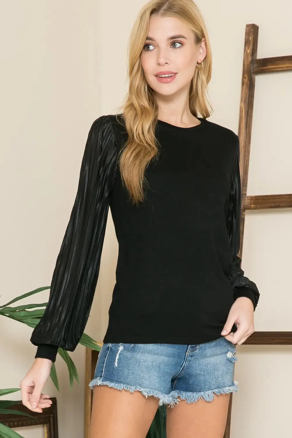 Pleated Sleeves Crew Neck Sweater Tee