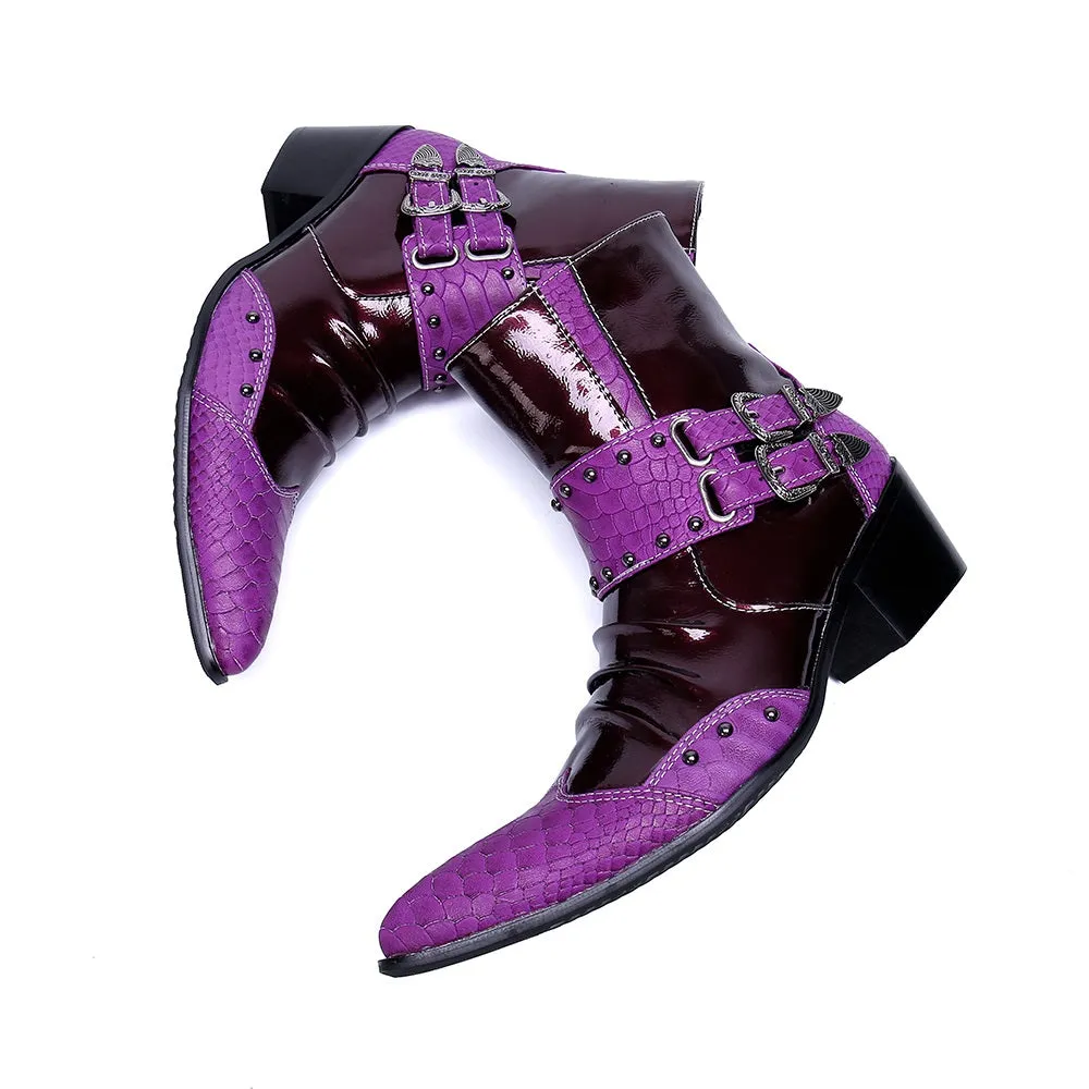 Purple Color Zip Monk Strap Ankle Boots for Men