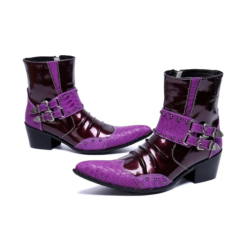 Purple Color Zip Monk Strap Ankle Boots for Men