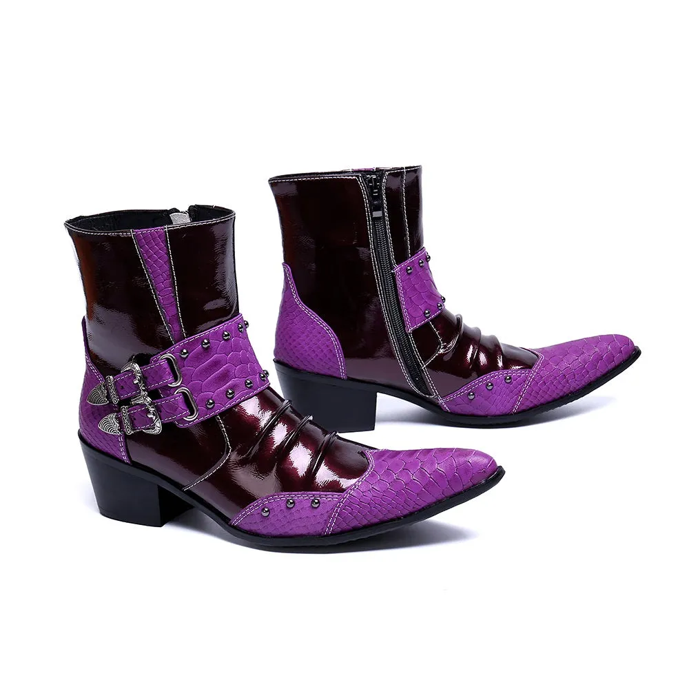 Purple Color Zip Monk Strap Ankle Boots for Men