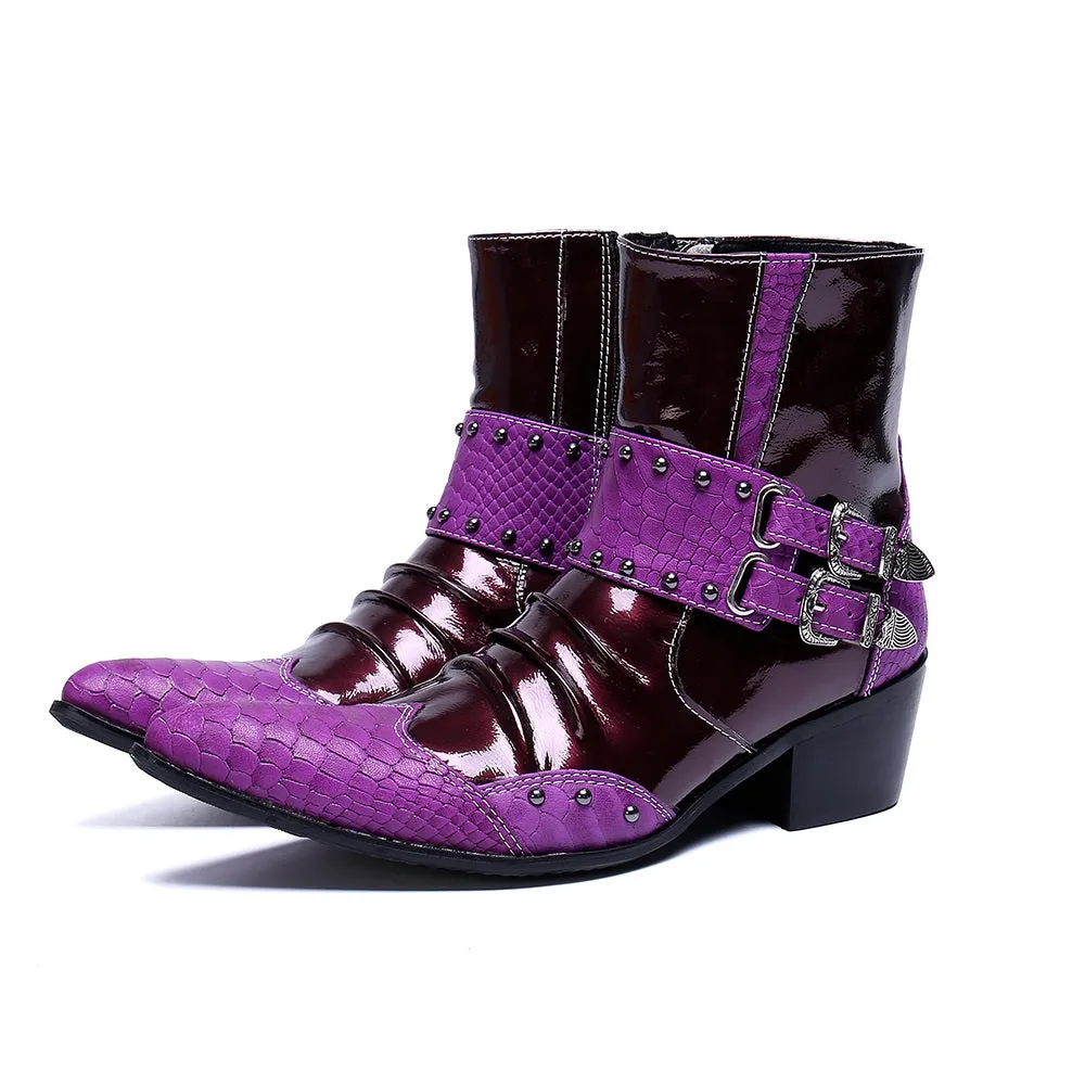 Purple Color Zip Monk Strap Ankle Boots for Men