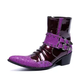 Purple Color Zip Monk Strap Ankle Boots for Men