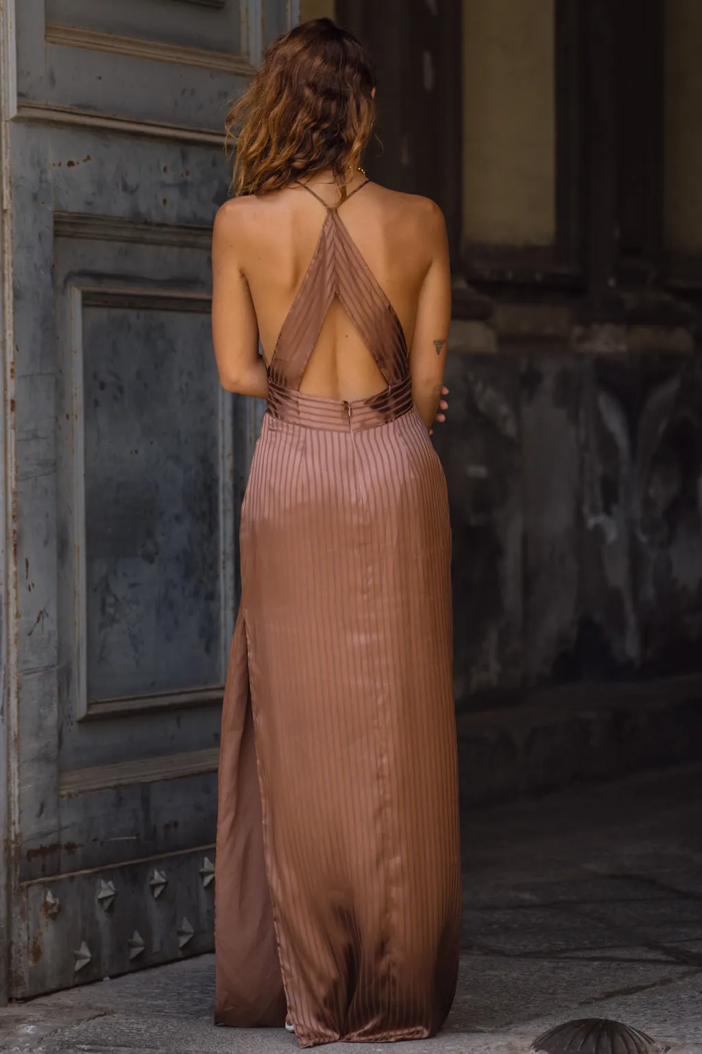 Roma Cocoa Striped Cutout Maxi Dress