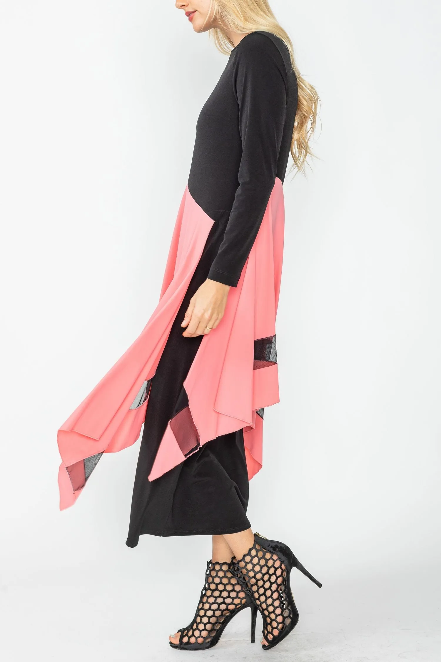 Rose Boat Neck Asymmetrical Layer Mix Dress