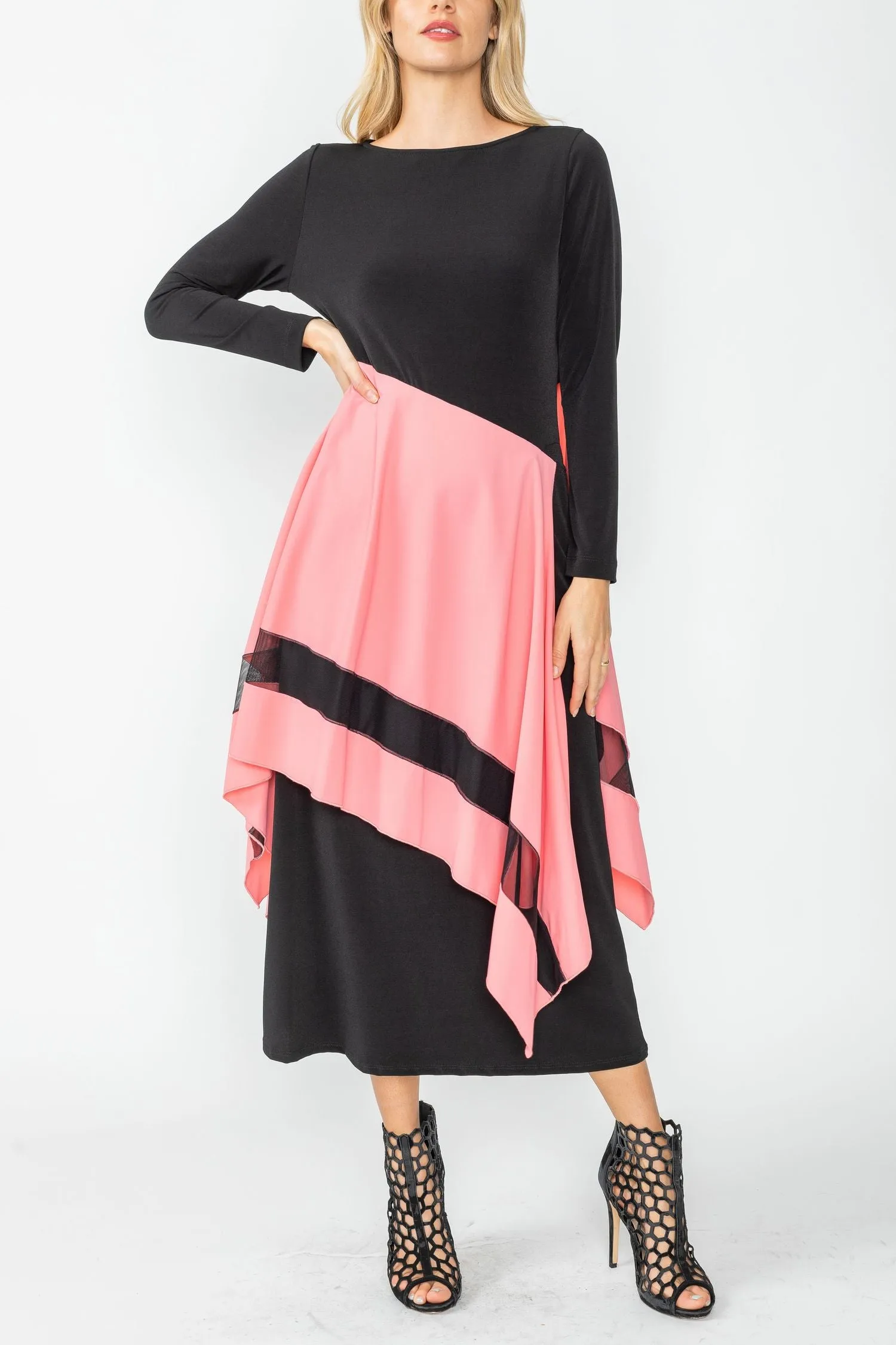 Rose Boat Neck Asymmetrical Layer Mix Dress