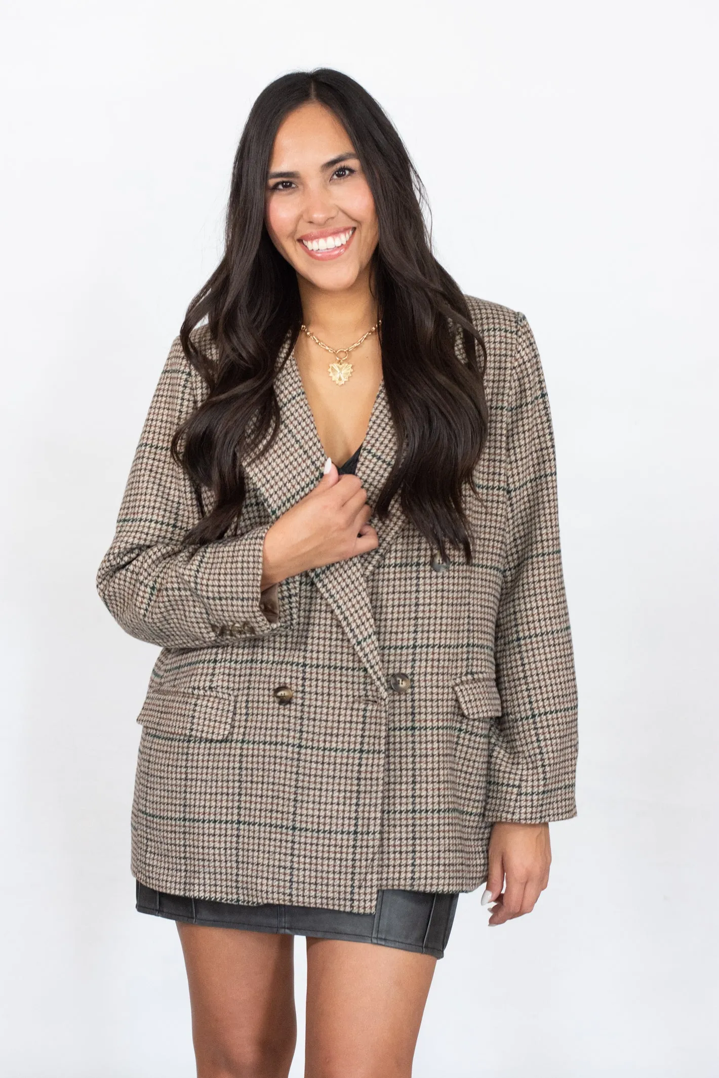 She Means Business Brown Plaid Oversized Blazer Jacket