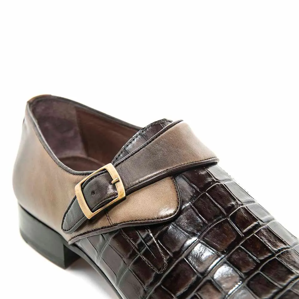 SIGOTTO Uomo Croc Monk Brown Crocodile Buckle Dress Shoes