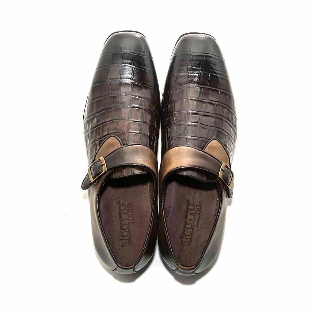 SIGOTTO Uomo Croc Monk Brown Crocodile Buckle Dress Shoes