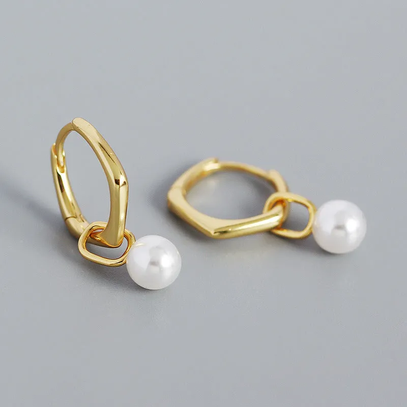 simple s925 silver geometric retro pearl hoop ear buckle wholesale