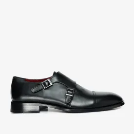 The Essen Black Leather Cap Toe Double Monk Strap Men Shoe